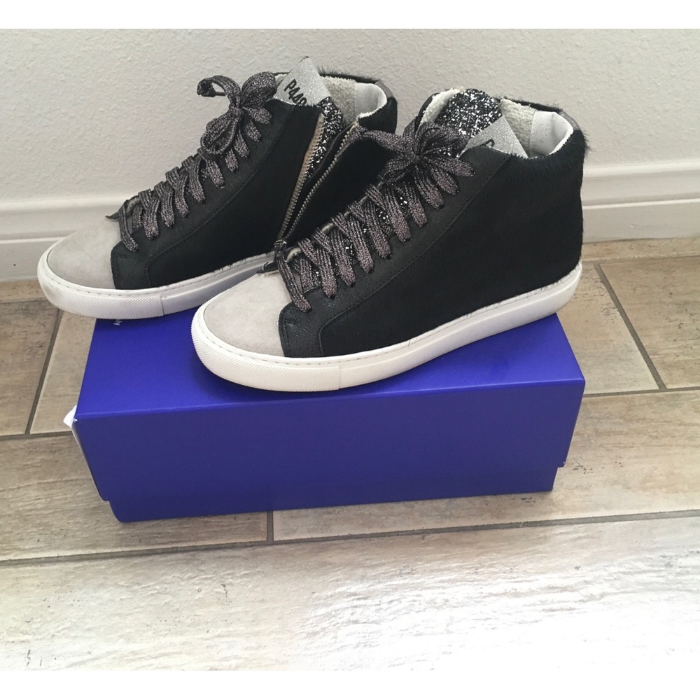 P448 Womens Sneakers Brown Calfskin & Grey Suede, Size 7